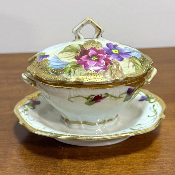 Antique Mikado Japan Condiment Server Vintage Hand Painted with Lid Floral Gold - Picture 3 of 12